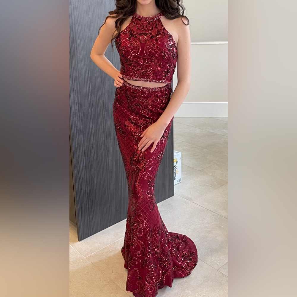 Morilee #45038, two piece sequin fit and flare in wine - Picture 3 of 5